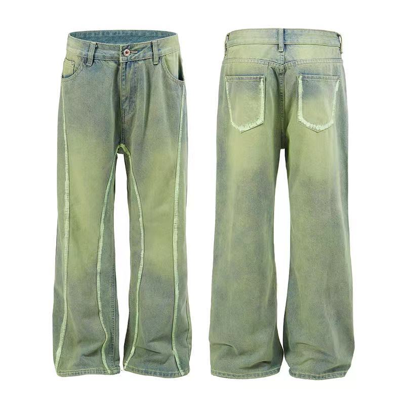 American style vintage green micro flared jeans men's spring and summer cleanfit loose straight casual wide leg pants