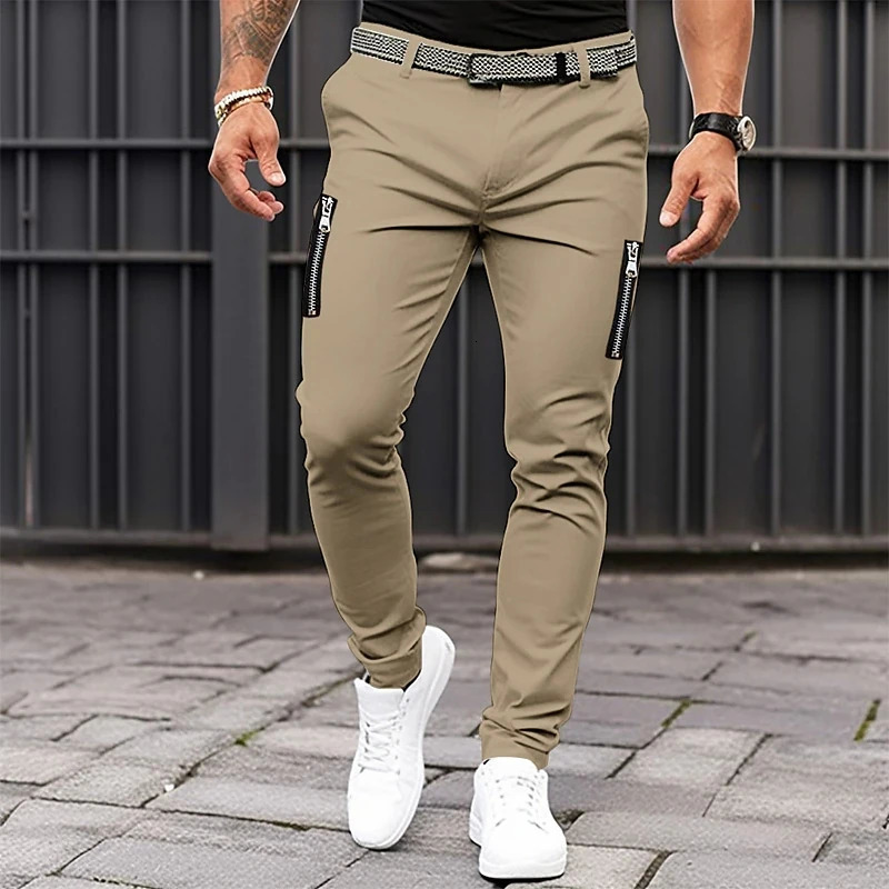Spring and Autumn Casual Cotton Pants Loose Waist Double Zipper Pants Solid Color Fashion Mens Sports Pocket Pants 240717