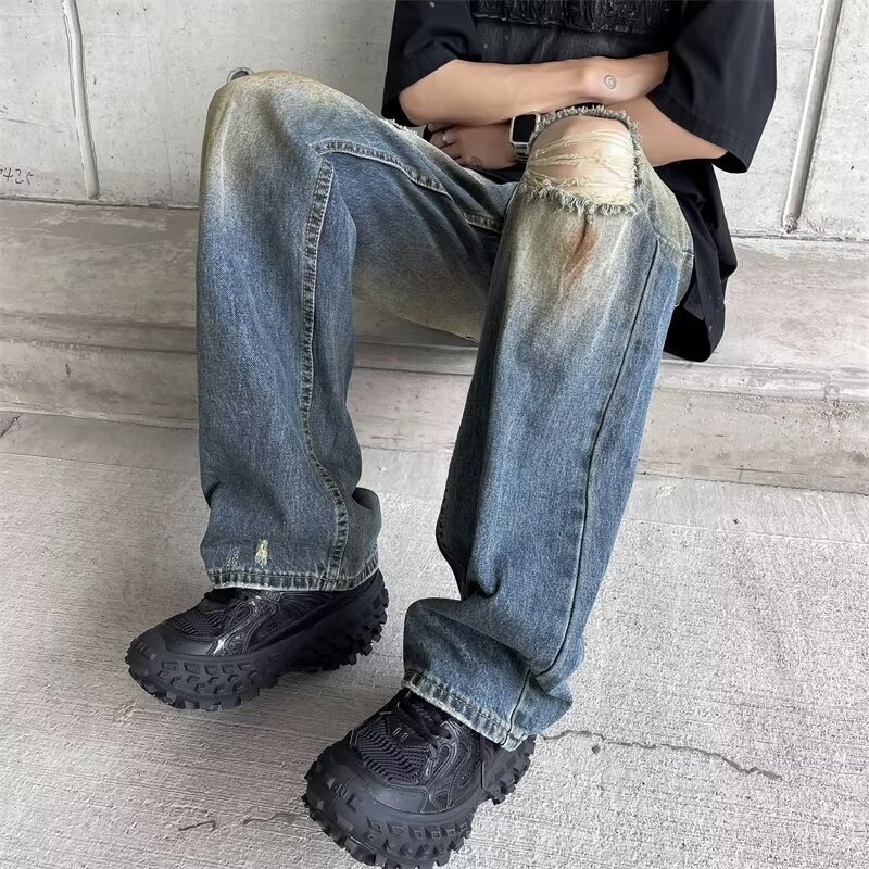 Jeans soft and loose straight wide leg American trendy brand workwear casual pants men's style