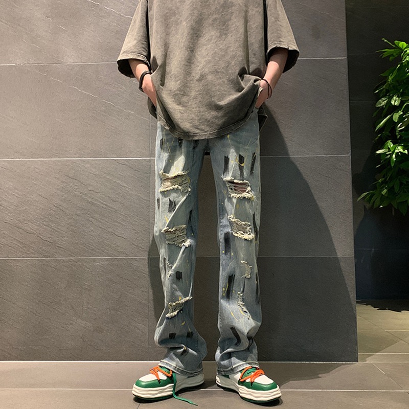 Splashing ink graffiti jeans with ripped holes trendy ins high street niche design high-end straight leg pants