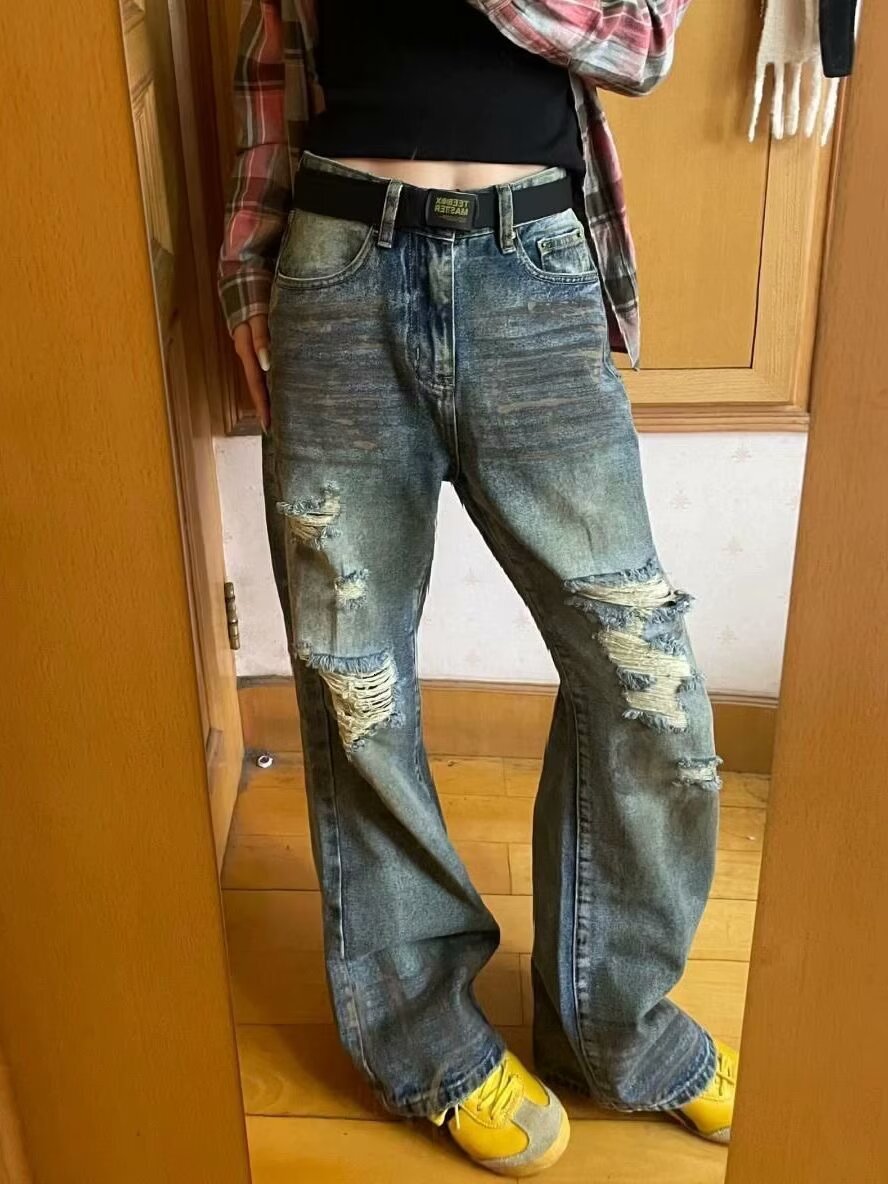 Men's clothing, American high ripped jeans, men's trendy brand, cool and trendy, explosive street straight leg loose pants, couple
