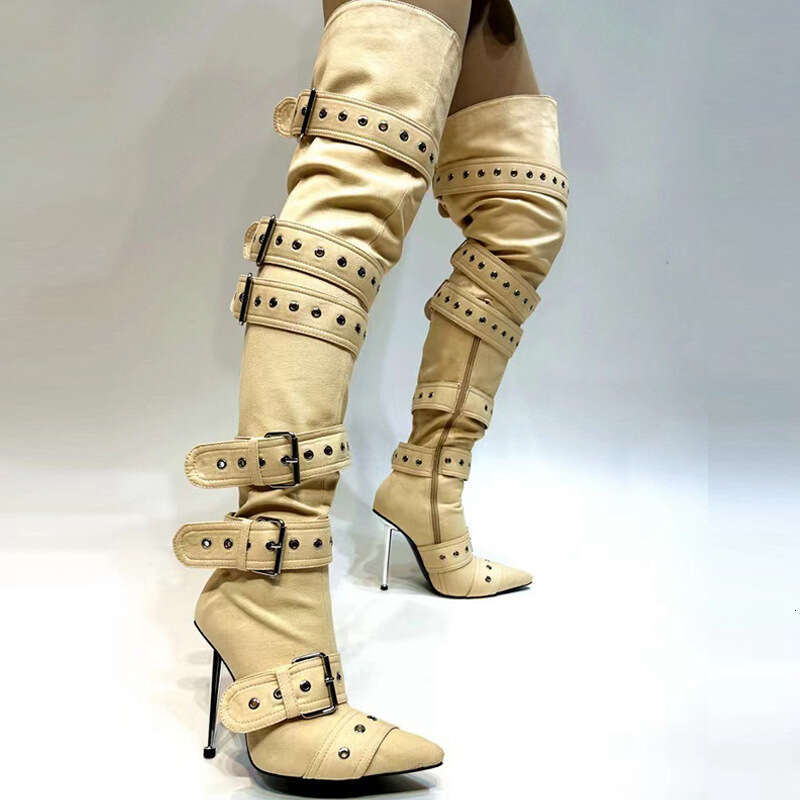 HBP Sexy metal high-heeled pointed belt buckle rivet knee high boots, oversized banquet and fashion boots