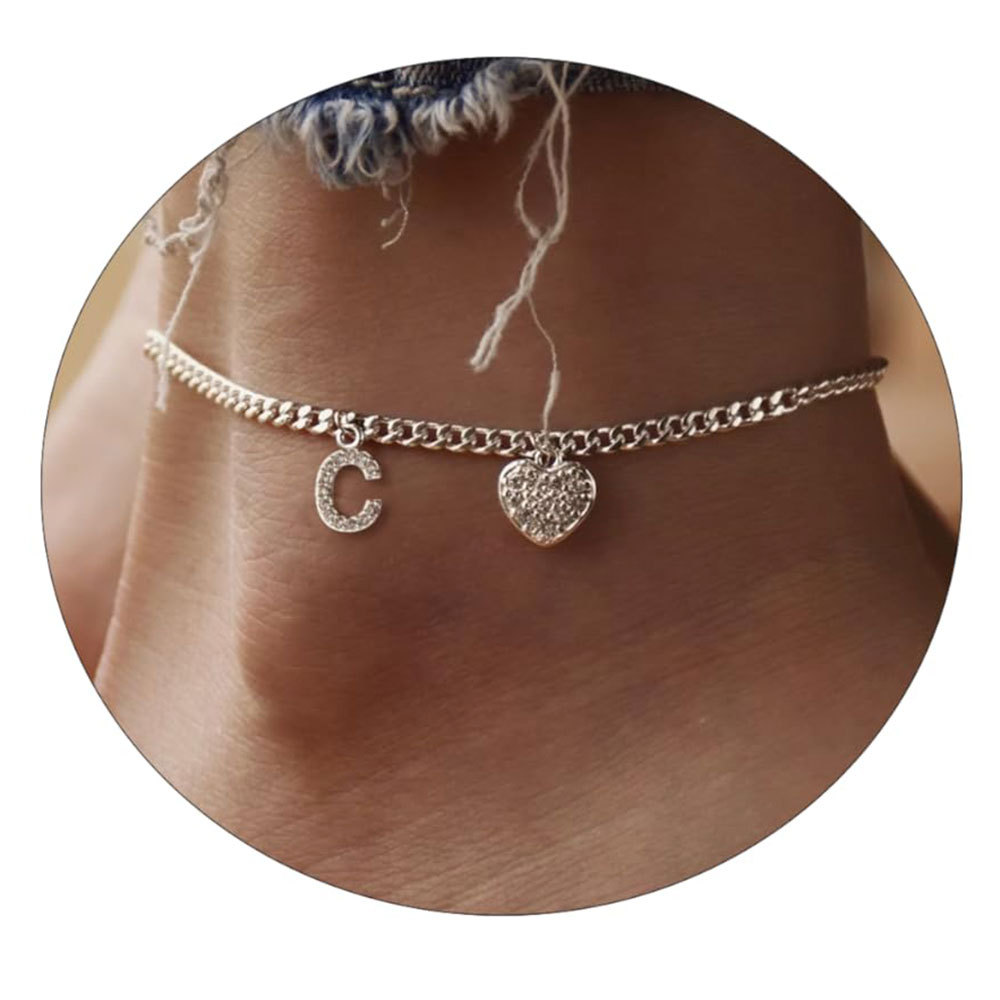 26 Initial Stainless Steel Anklet For Women Crystal Letter Heart Silver Color Chain Ankle Bracelet Summer Jewelry Accessories