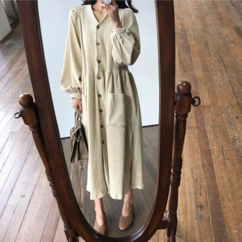 Women Autumn Winter Vintage Long Dress Elegant Full Sleeve Single Breasted Tunic Casual Corduroy with Pocket Vestidos 240712