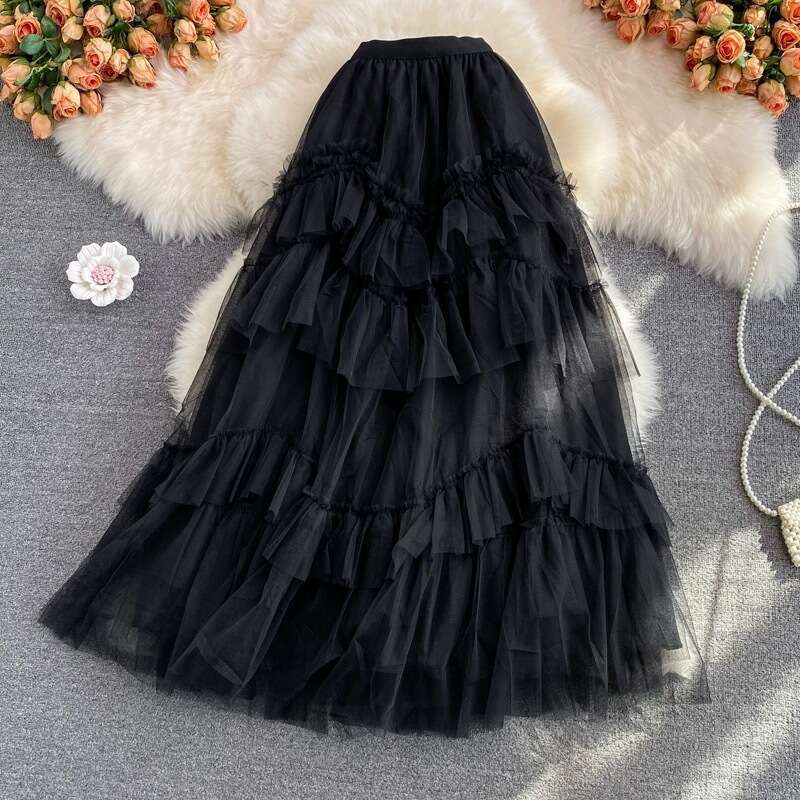 High Waisted Mid Knee Length Skirt for Womens Versatile Patchwork Cake Mesh Elastic Waist Pleated Skirt, Summer Novelty Round Neck Dress Pregnant Wome