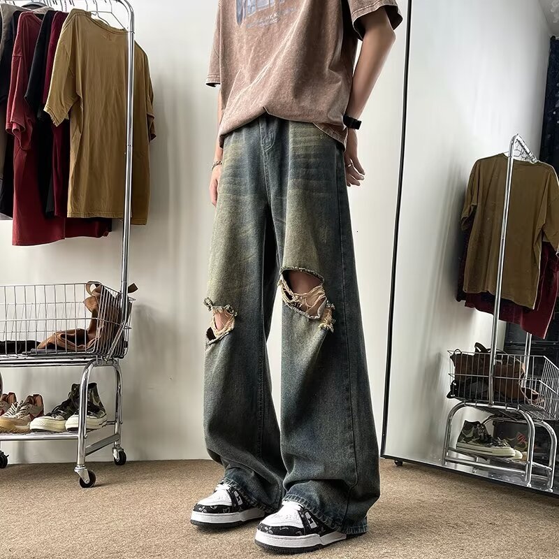 Ripped jeans men's summer thin style American high street straight pants, rugged handsome, loose and wide leg long pants