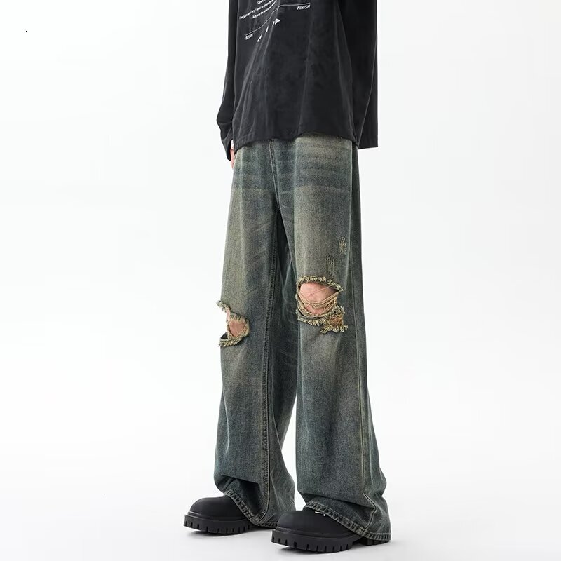 American style high street heavy industry washed craft ripped jeans for men in summer, loose straight hanging wide leg pants