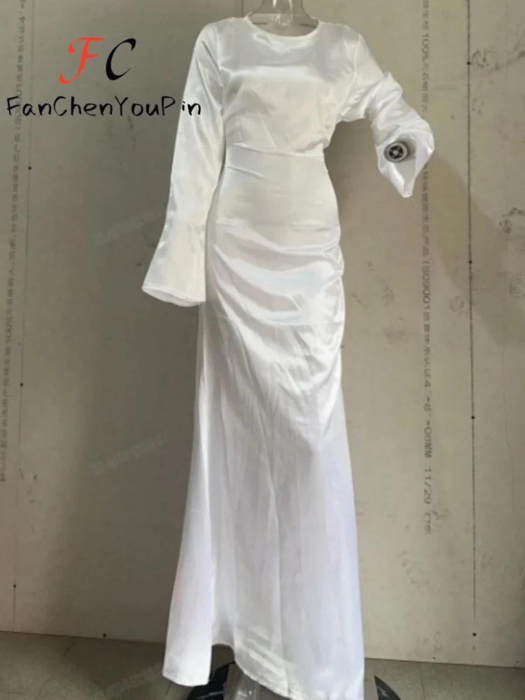 Women Prom Dresses 2024 Fashion Simple ONeck Satin Flare Sleeve Long Dress Elegant Lace Up Slim Evening Party Dresse 240716