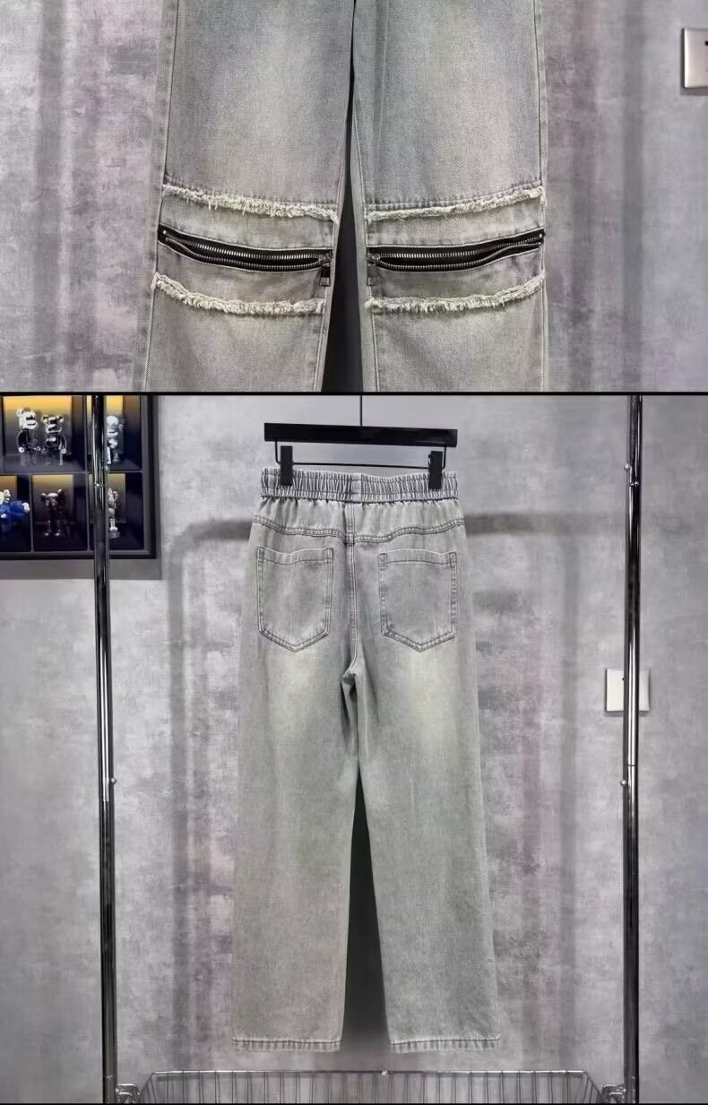 2024American washed pants, high street ripped jeans, men's straight leg loose and high-end beggar pants