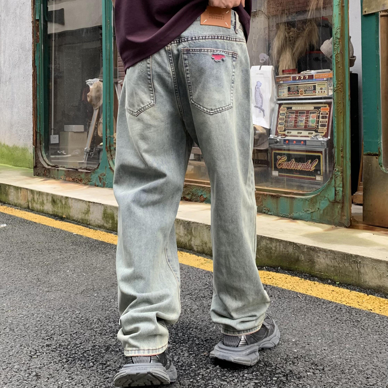 Washed jeans for men, American fashion brand ripped pants, trendy loose straight leg men's denim pants