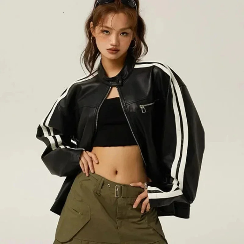 Deeptown Bow Motorcycle Leather Jacket Women Y2k Fashion Zipper PU Spring Coquette Top Sweet Personal Street Vintage Oversize 240715