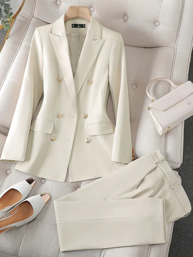 High Quality Office Ladies Pant Suit Solid Color Women Business Work Wear Blazer Jacket and Trouser Female Formal 2 Piece Sets 240712
