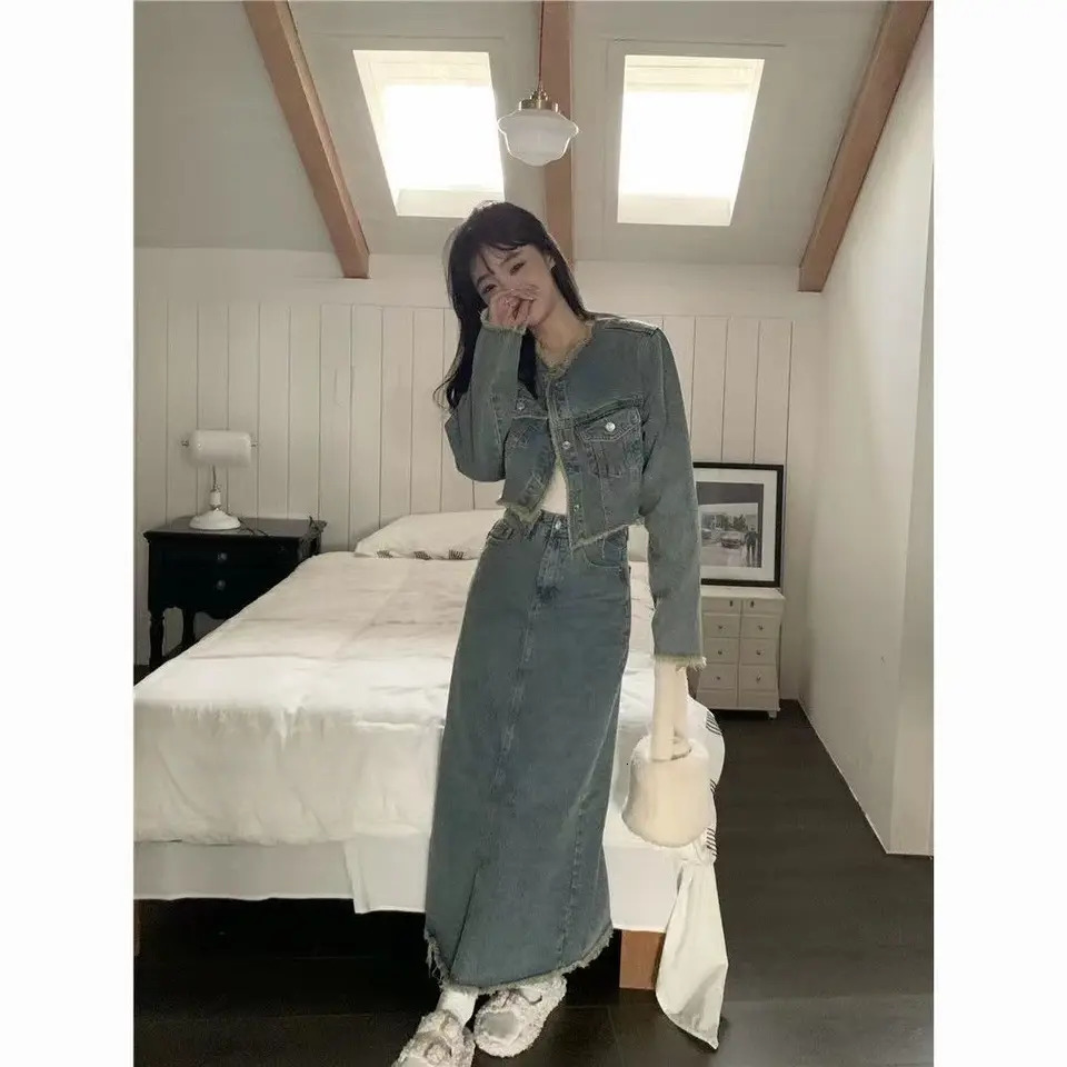 Women Denim Coat Skirt 2 Piece Sets Retro Tassel Outerwear Autumn Long Sleeve Jacket High Waist Jean Skirt Suits Female Outfits 240715