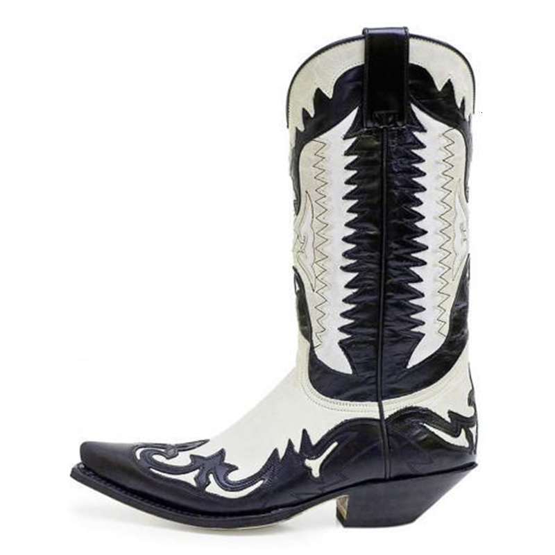 Men's Western Cowboy Males Pointed Toe Outdoor Mid-Calf Handmade Retro Shoes Black White Boots For Men Zapatos De Hombre