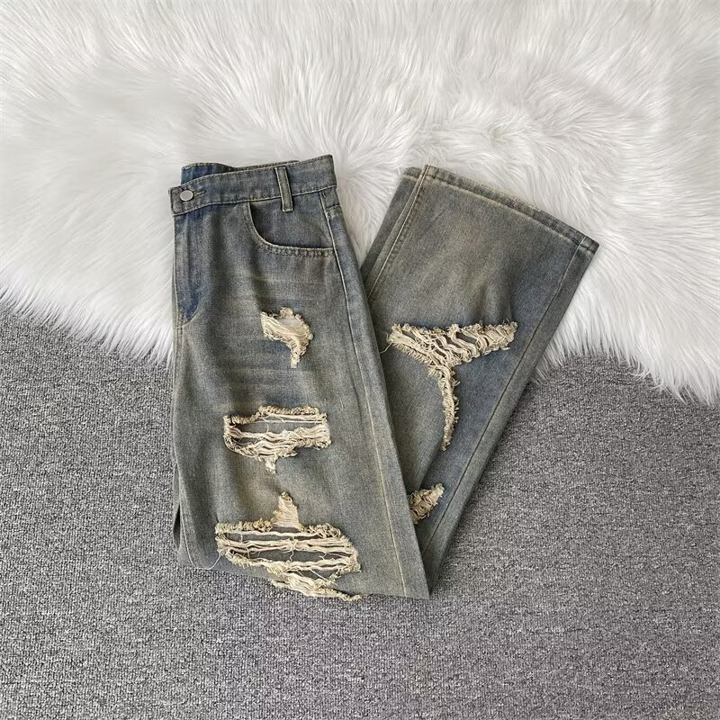 American tall summer ripped jeans, men's mud dyed vintage high street dirt style pants, wide leg mop beggar pants