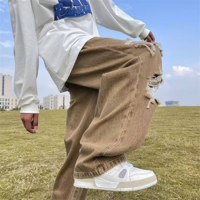 Perforated jeans, men's vibe style, ruffled and handsome straight leg pants, summer American high street ins pants trend