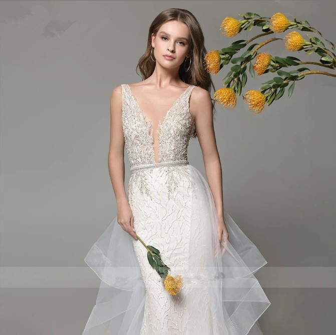 Ashley Carol Sexy Mermaid Dresses 2024 V-necke Romantic Beaded Detachable Train Wedding Gown Vestidos De Novia