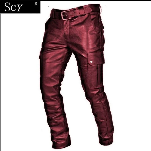 Mens Leather Motorcycle Pants with Cargo Pockets Black Leather Motorcycle Pants No Belt 240712