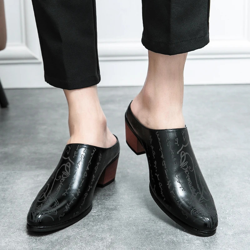 Summer High Heel Mules Men Half Shoes For Man Leather Slippers Mens Casual Shoes Formal Loafers Dress Male Slides Sandals 240713