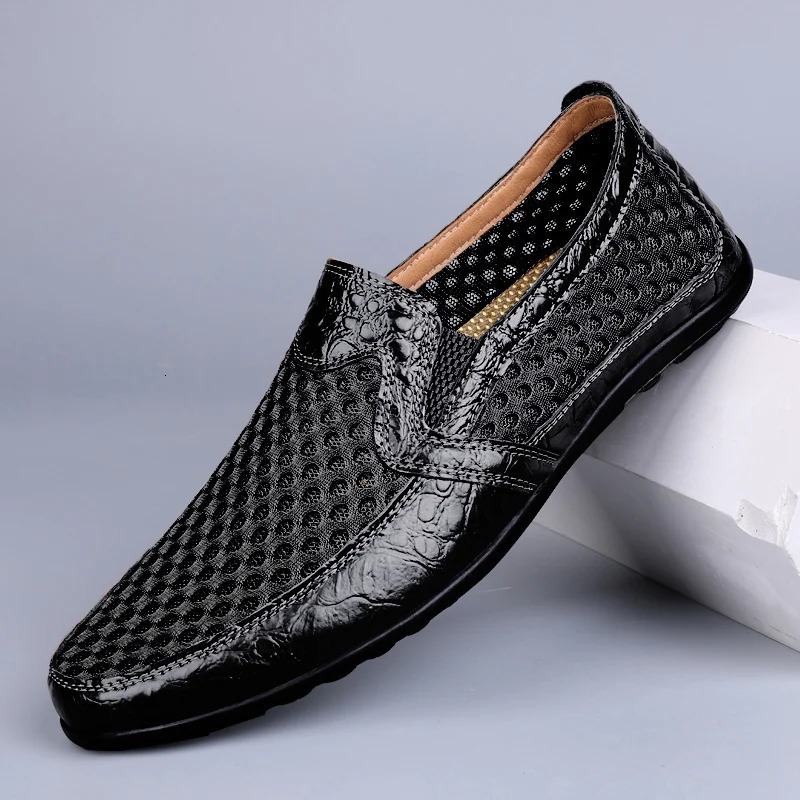 Men Summer Leather Loafers Casual Shoes Breathable Men Sneakers Fashion Comfort Male Outdoor Black Rubber Flat Men Shoes 240718
