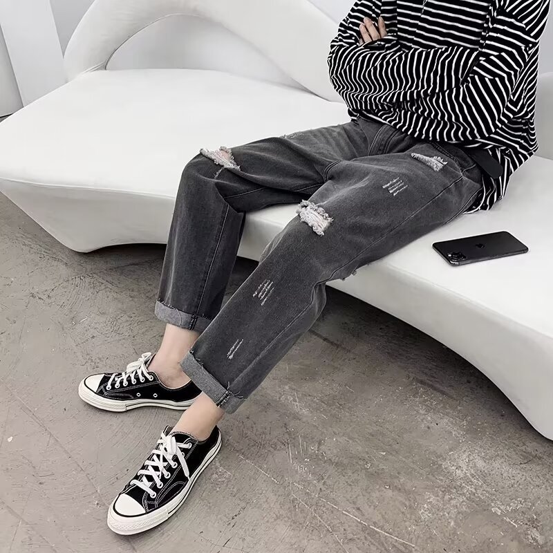 Perforated jeans, men's summer trendy brand, loose fitting straight leg beggar pants, American style explosive street ruffian handsome pants
