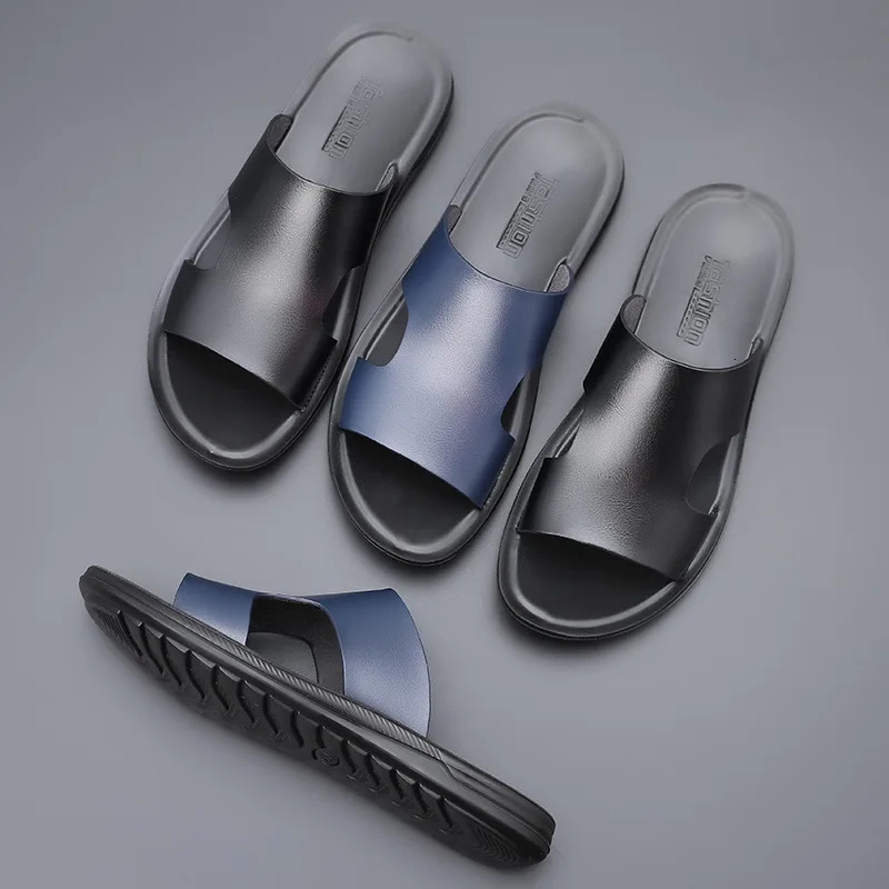 Fashion Men Shoes Flats Summer Casual Slides Outside Sandals Beach Work Slippers Soft Leather Flip Flop Shoes 240713