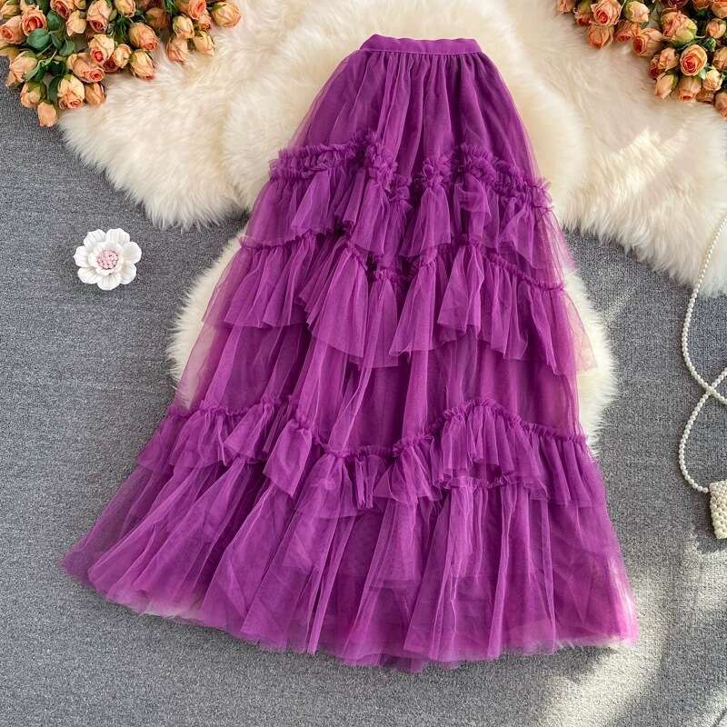 High Waisted Mid Knee Length Skirt for Womens Versatile Patchwork Cake Mesh Elastic Waist Pleated Skirt, Summer Novelty Round Neck Dress Pregnant Wome