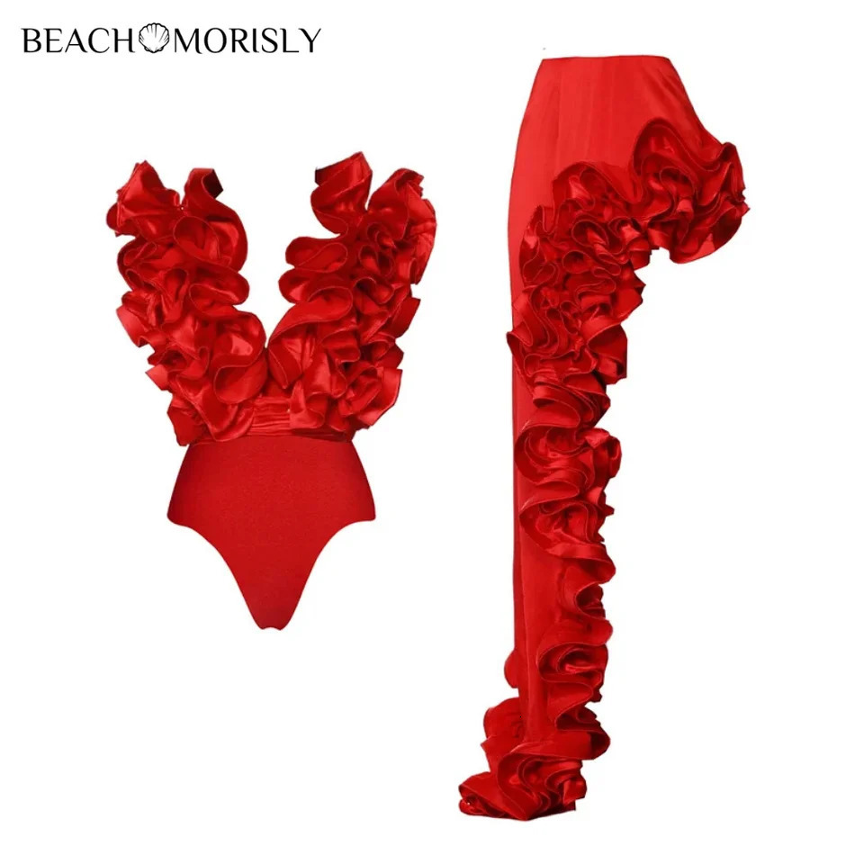 2024 womens swimsuit and bodysuit two sexy red 3D flowers one bikini set swimsuit beach dress swimsuit 240713