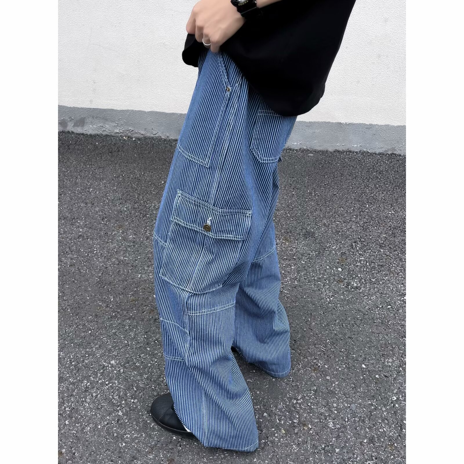 American striped workwear jeans summer street multi pocket high waist straight loose wide leg pants