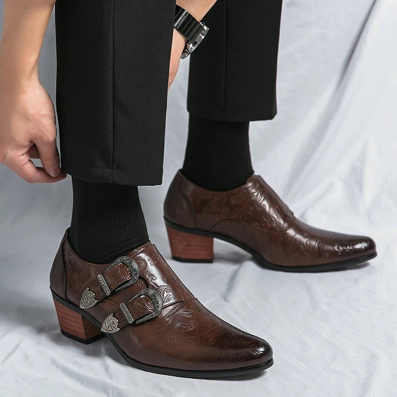 Classic Fashion Brown Pattern Mens Dress Shoes Big Size 45 Leather Pointed Shoes for Men Height-increasing High heel Shoes Men 240703