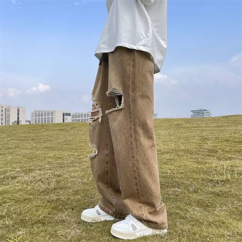 Perforated jeans, men's vibe style, ruffled and handsome straight leg pants, summer American high street ins pants trend