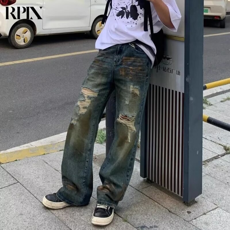 Men's clothing, American high ripped jeans, men's trendy brand, cool and trendy, explosive street straight leg loose pants, couple