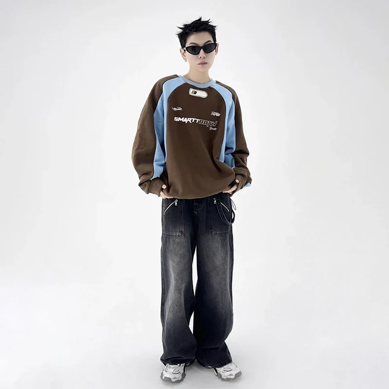 HOUZHOU Y2K Sweatshirts Men Vintage Korean Streetwear Motorcycle Patchwork Harajuku Pullover Hippie Male Sweatshirt Tops Spring 240712