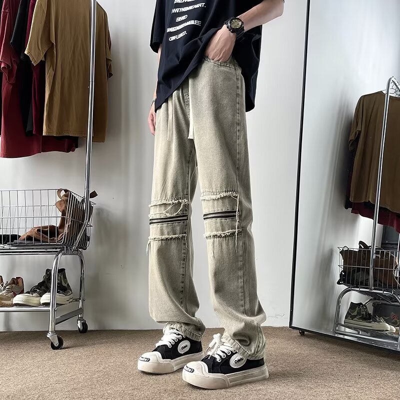 American style jeans with holes, ins high street knee zipper, Korean version spring and autumn straight leg pants, loose patch men's pants