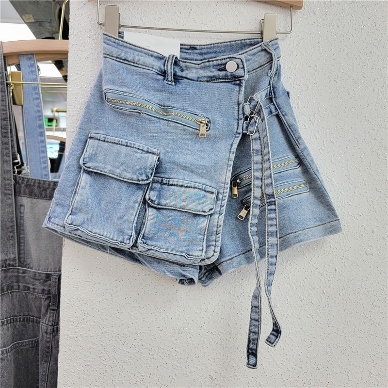 Irregular multiple Zipper pockets denim shorts Summer Shorts A-line pants skirts jeans for women