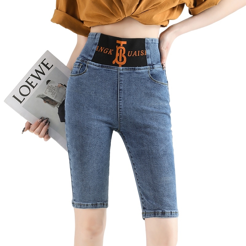 5569 denim shorts in summer, new high waisted, tight fitting, lightweight, elastic straight leg over the knee five quarter pants for women
