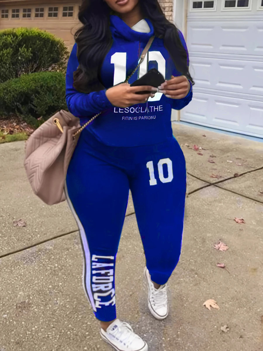 5XL LW Plus Size Autumn Winte Letter Print Regular Striped Long Sleeve Basic Sporty Fashionable Turtleneck Hooded Blue Pants Set 240709