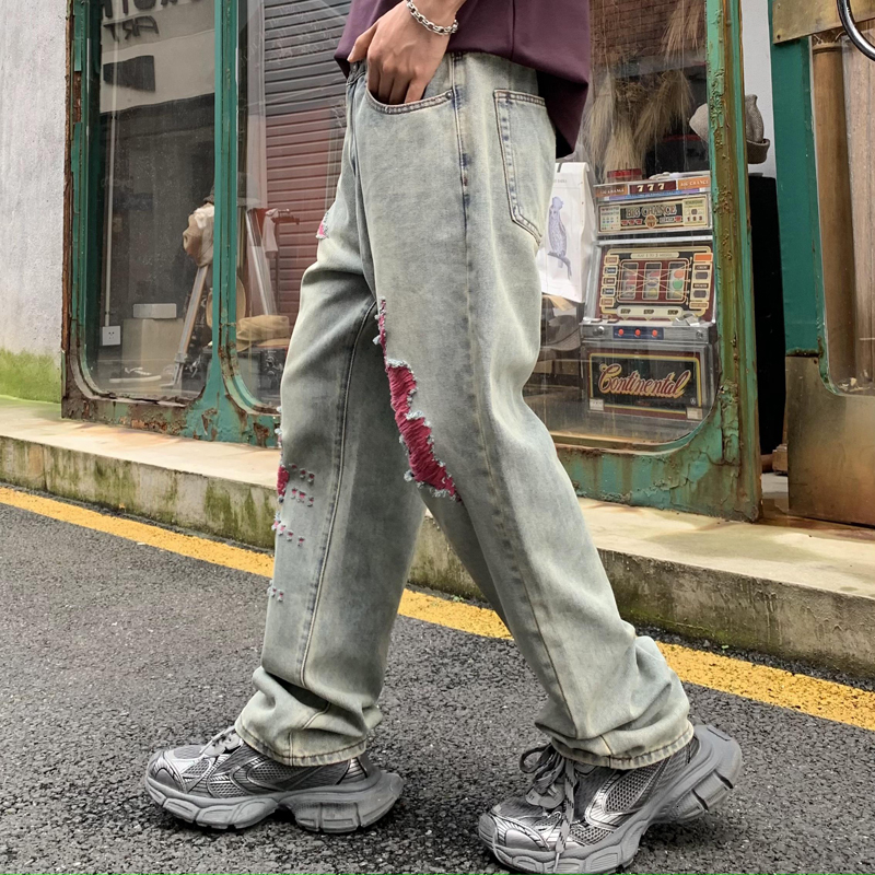 Washed jeans for men, American fashion brand ripped pants, trendy loose straight leg men's denim pants