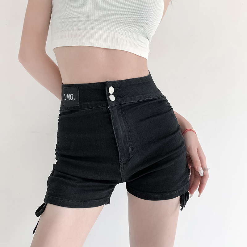 Fashionable high waisted thin denim shorts two button buttons women, elastic slim fit with wrapped arms, slimming hot pants for students, Korean style