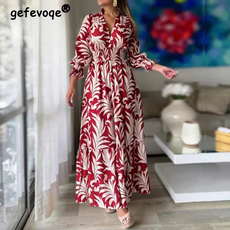 Fashion Elegant Sexy V Neck Slim Long Sleeve Cotton Dresses for Women Autumn Vintage Boho Print Tunic Maxi Dress Robe Femme 240712