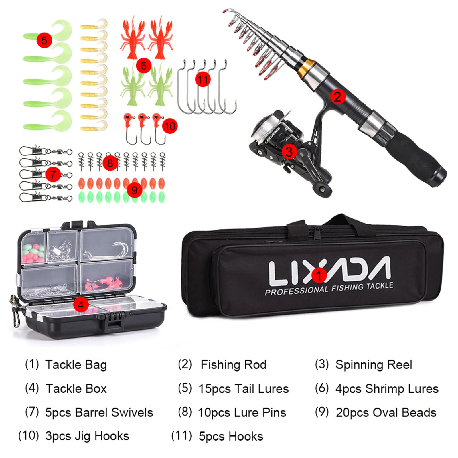 Lixada Fishing Rod Reel Combo Full Kit Telescopic Rods Spinning Reels Set with Hooks Soft Lures Barrel Swivels 240712