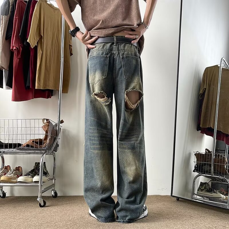 Ripped jeans men's summer thin style American high street straight pants, rugged handsome, loose and wide leg long pants