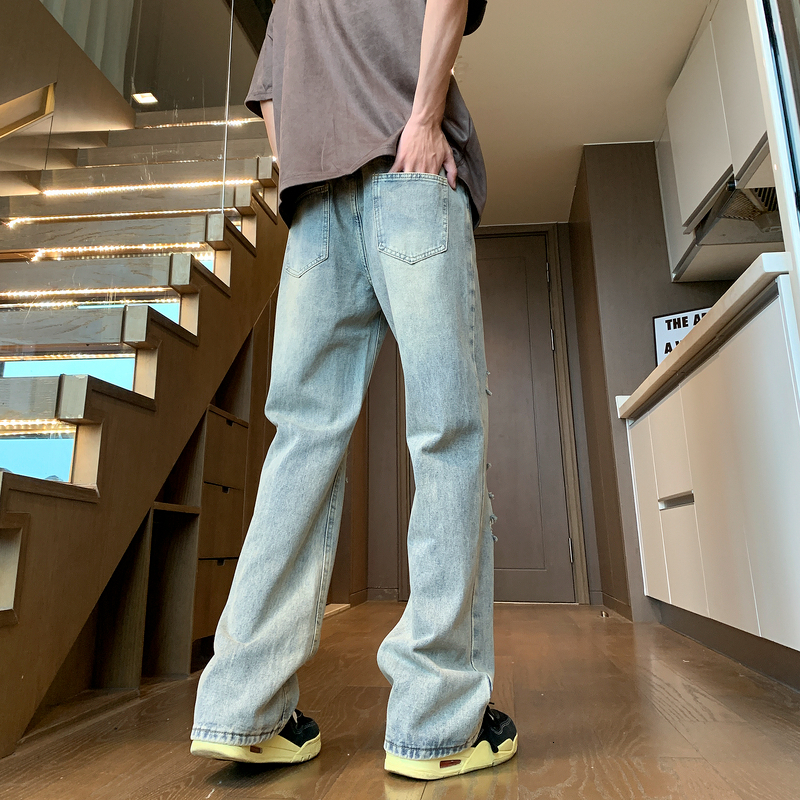 American style slightly spicy denim jeans men's perforated summer thin Vibe casual curved knife pants
