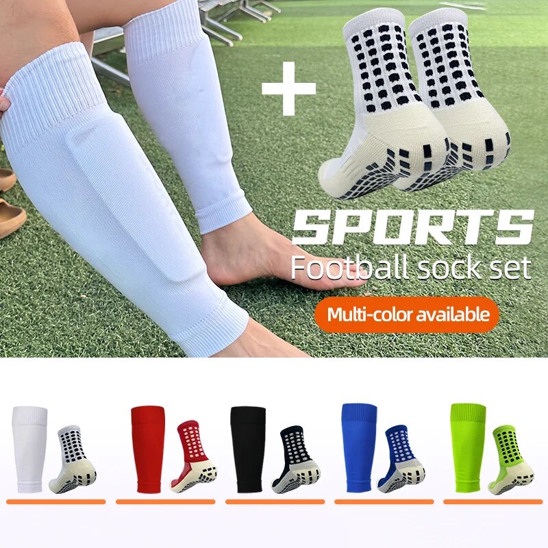 2 Pairs/set Men Soccer Grip Socks and Knee Pads Calf Shin Sleeve Adult Youth Non Slip Leg Shin Guards for Basketball Football Sports