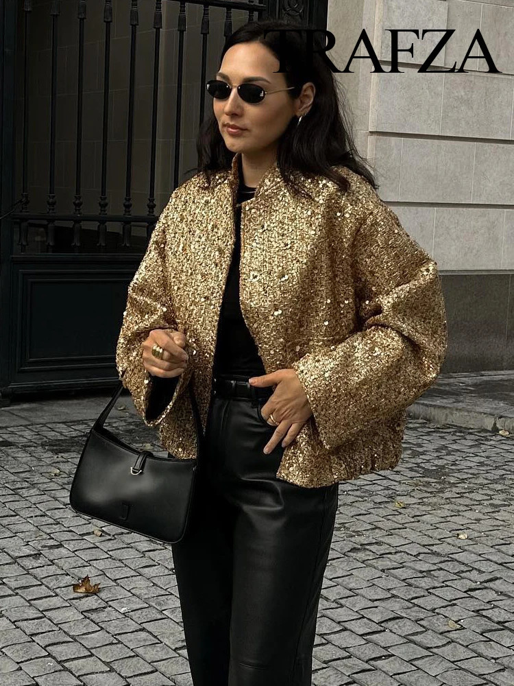 TRAFZA Women Trend Gold Sequin Decoration Loose Short Jacket Woman Fashion Coat Versatile Warm Chic And Elegant Female Coats