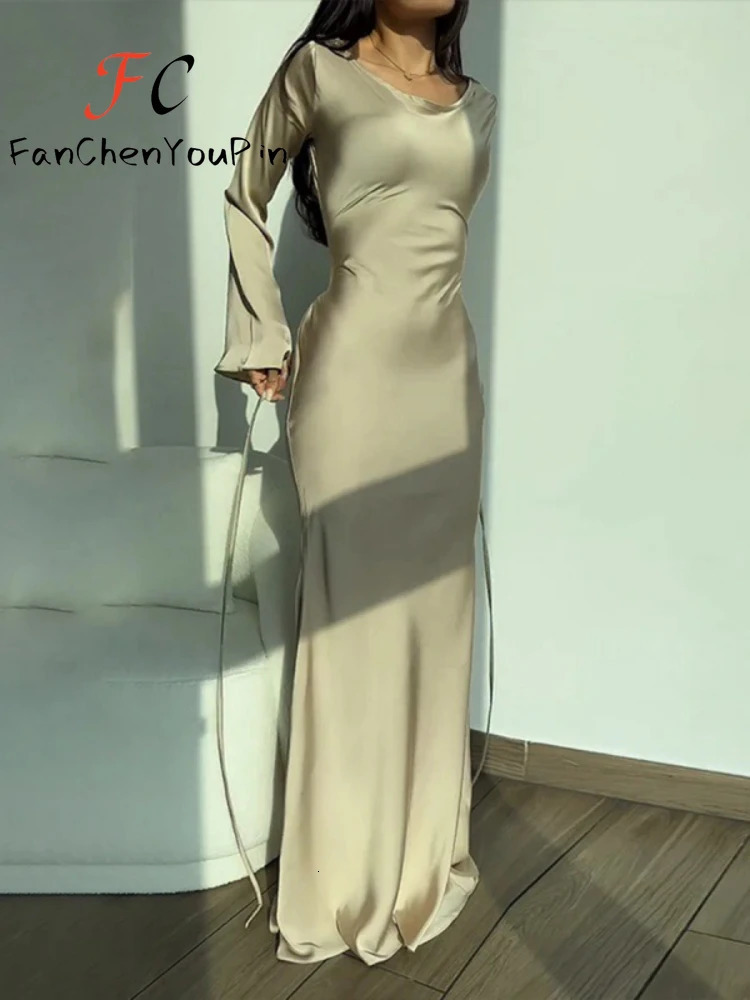 Women Prom Dresses 2024 Fashion Simple ONeck Satin Flare Sleeve Long Dress Elegant Lace Up Slim Evening Party Dresse 240716