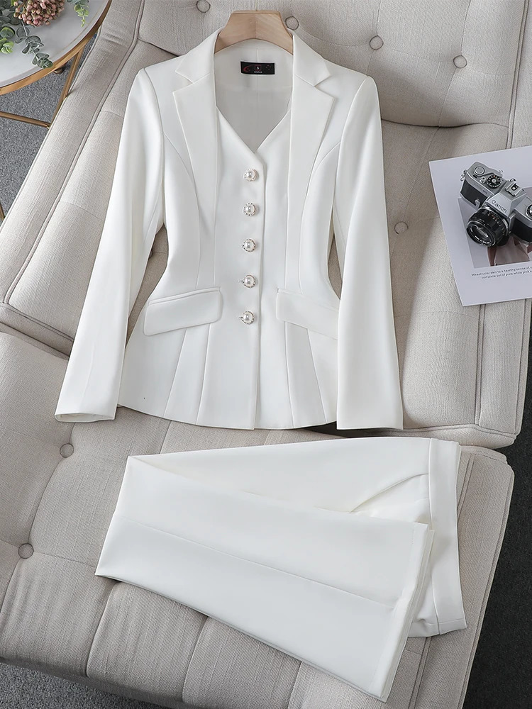 Fashion White Red Black Blazer Jacket And Pant Suit Trousers Women Female Office Ladies Work Wear Formal 2 Piece Set 240712