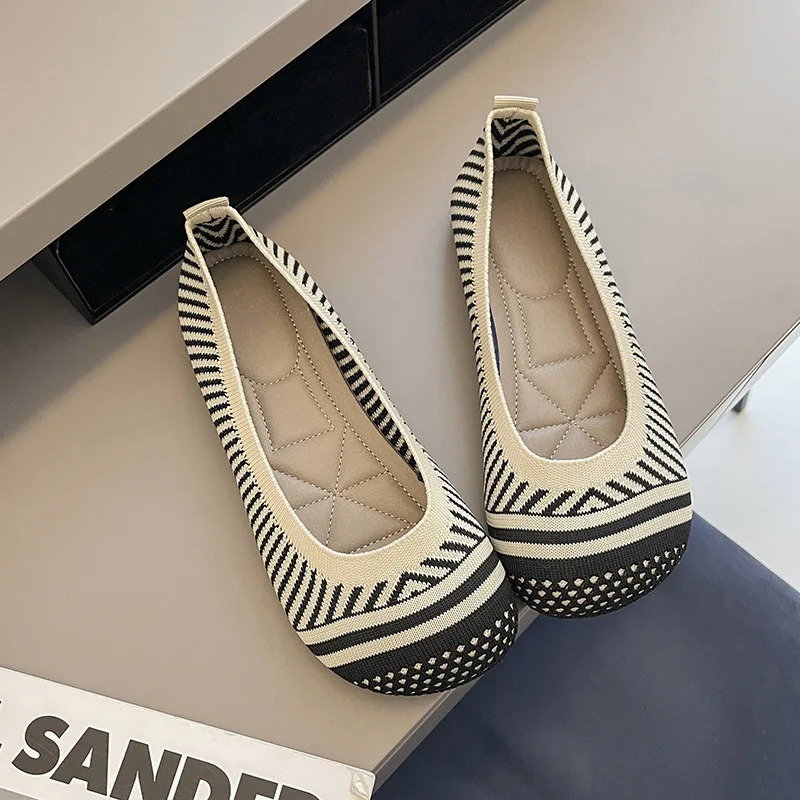 Flat New Heel Casual Women Spring Summer Autumn Knits Ballet Flats Square Toe Trendy Print Moccasins Shoes Barefoot Loafers 240717