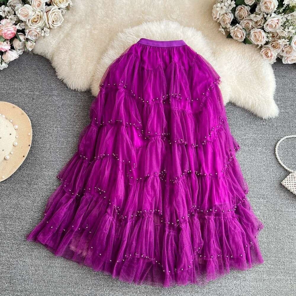 Elastic High Waisted Slimming Mid Length Nail Bead Mesh Lady Cake A-line Gauze Fluffy Skirt for Women Loose Waist Bifurcated Temperament Silk Dress De