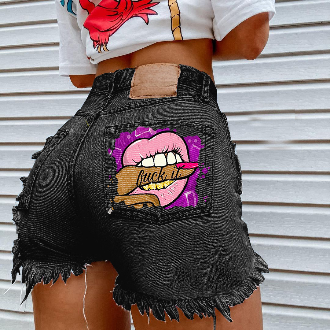 New Design For Women summer Hot Sale Printed Casual Fashion Print Tassel Ripped Denim Shorts